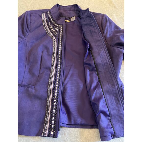 TanJay Blazer Women's Large 14P Purple Embroidered Beaded Accent Full Zip Jacket - Picture 6 of 13
